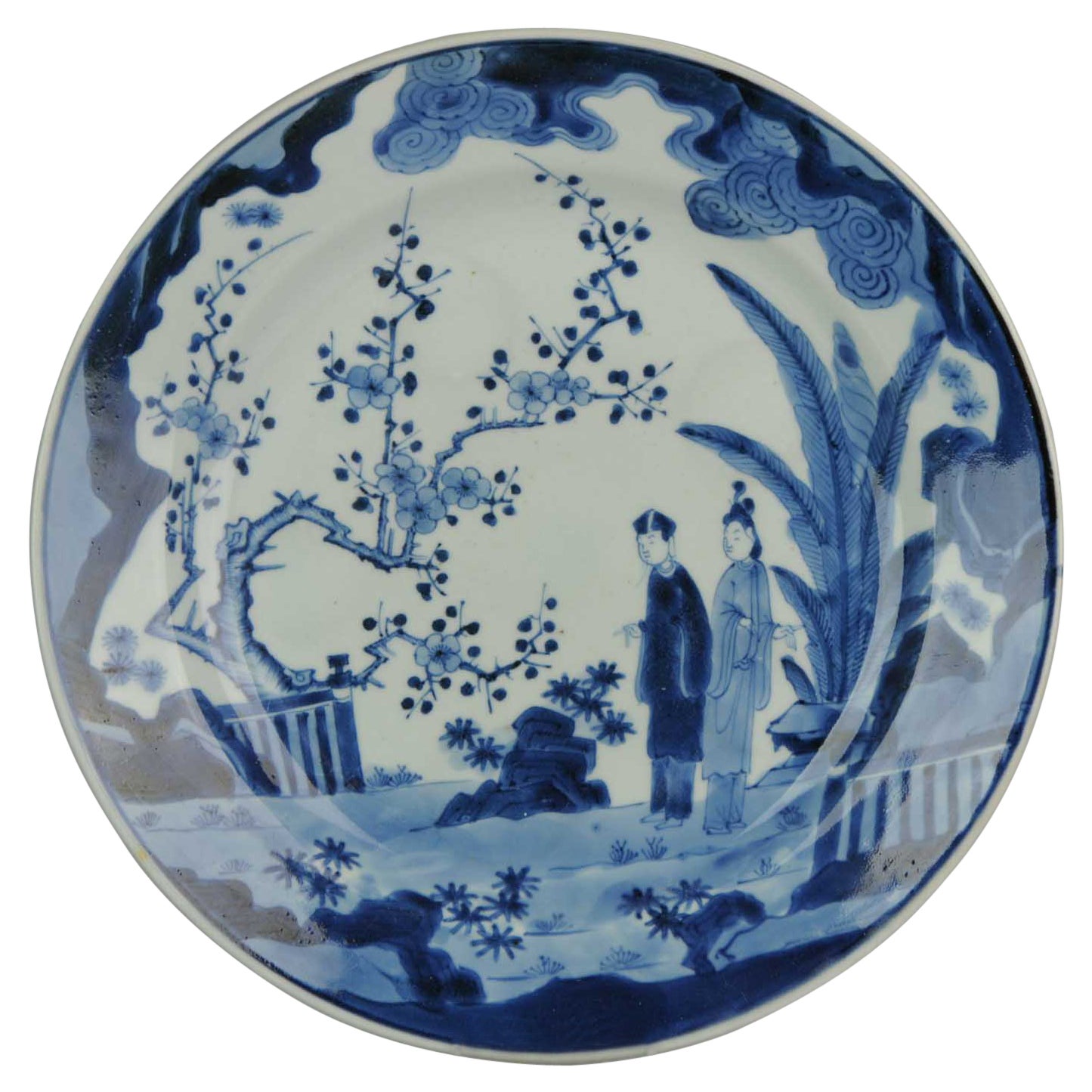 Antique 17/18th C Japanese Edo Porcelain Blue White Dish Figures Ladies For Sale