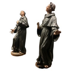 Ancient Pair of Statues of Dominican Friars, Carved in Painted Wood, Late '600