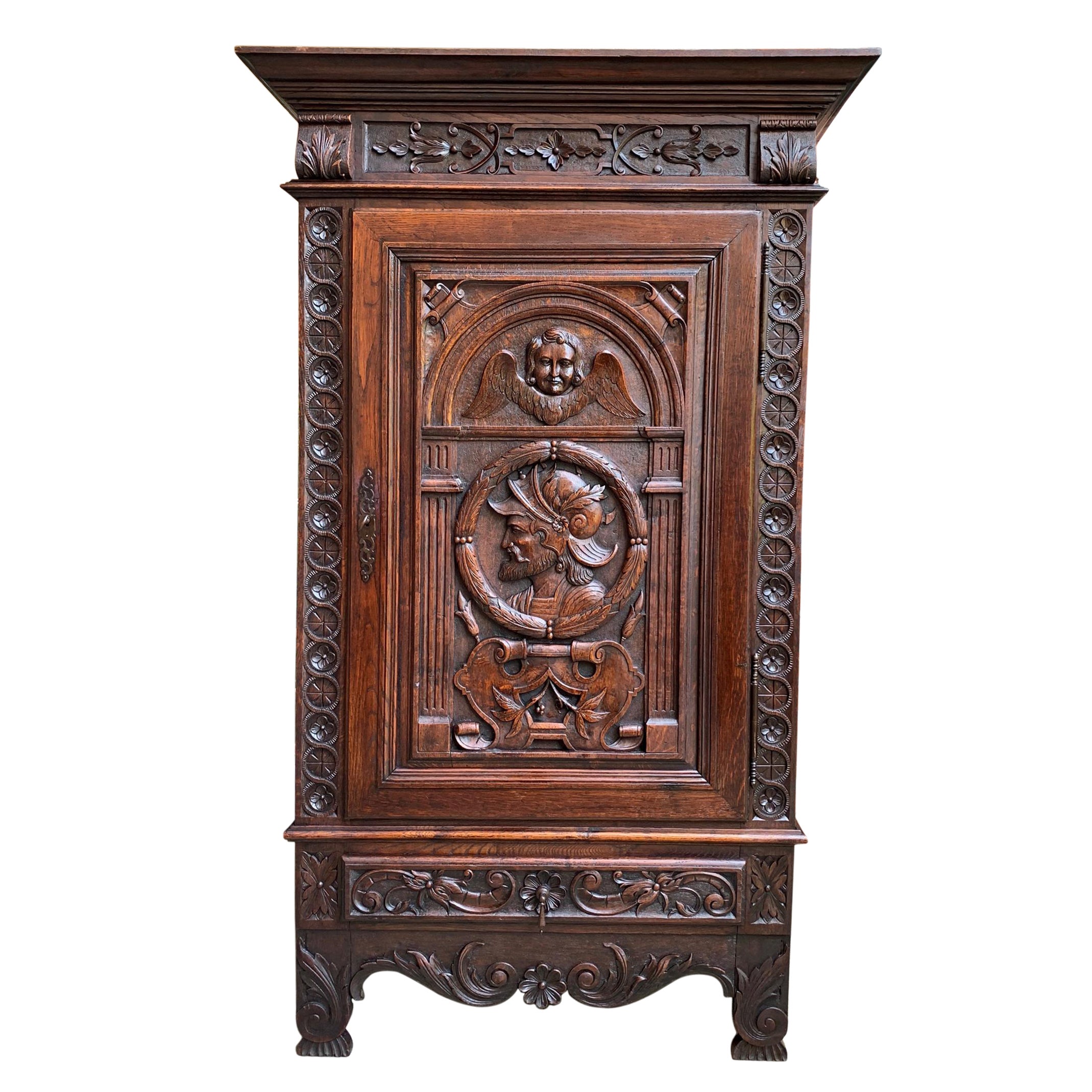 19th century French Carved Oak Storage Cabinet Renaissance Roman Centurion 