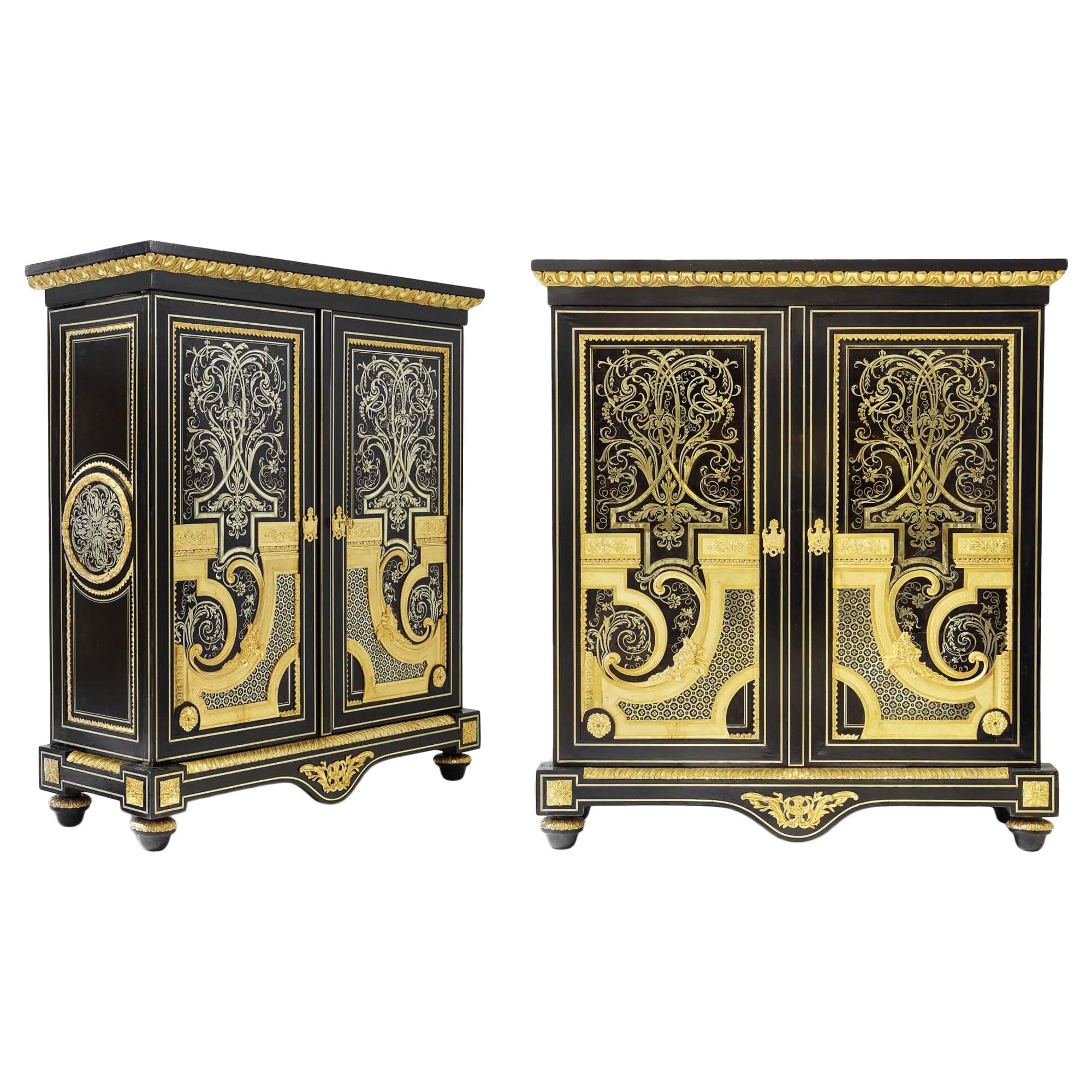 Brass and Tortoiseshell Inlaid Boulle Style Ebonised Wood Cabinets For Sale