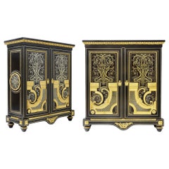 Brass and Tortoiseshell Inlaid Boulle Style Ebonised Wood Cabinets