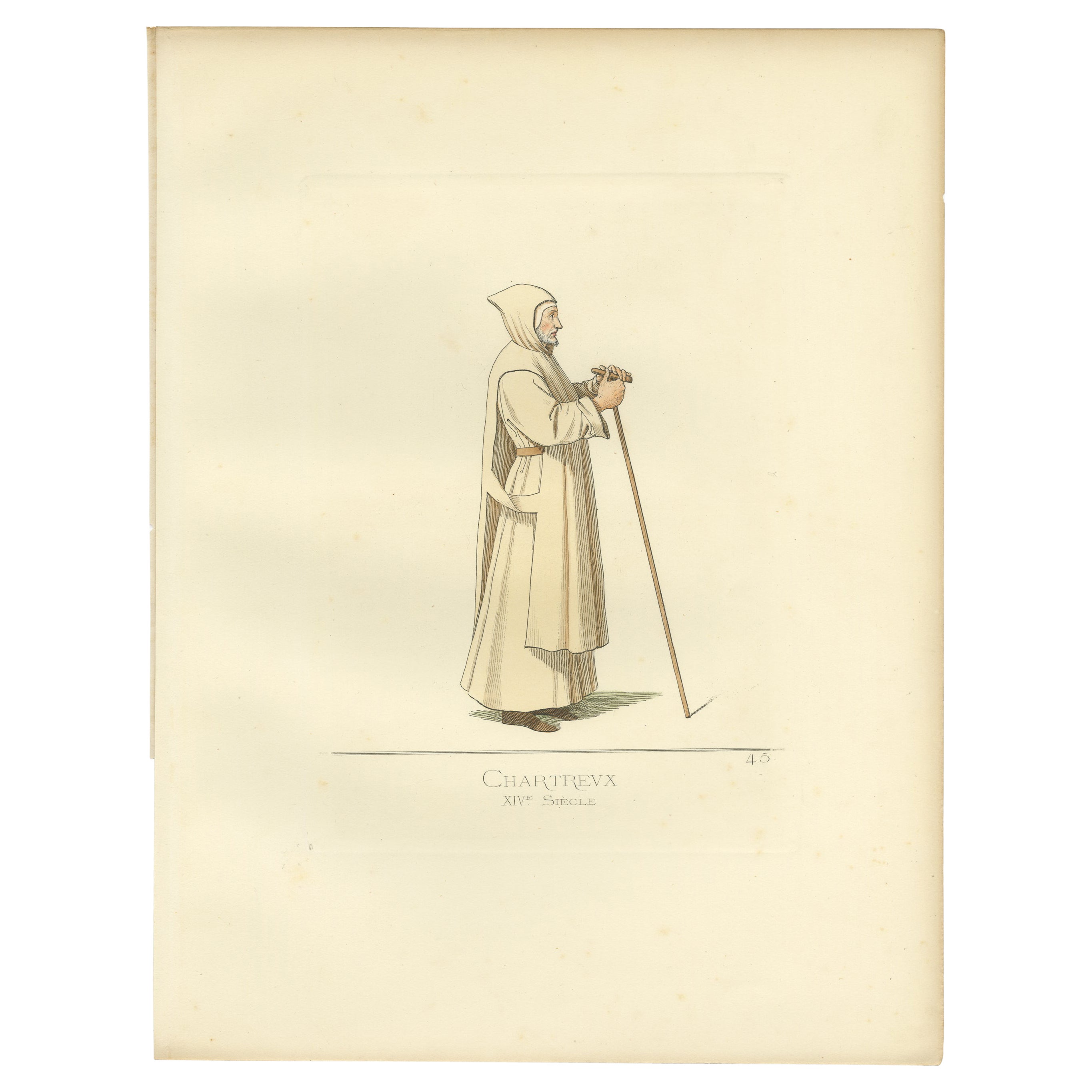 Visions of Solitude: Handcolored Antique Print of a 14th-Century Carthusian Monk For Sale