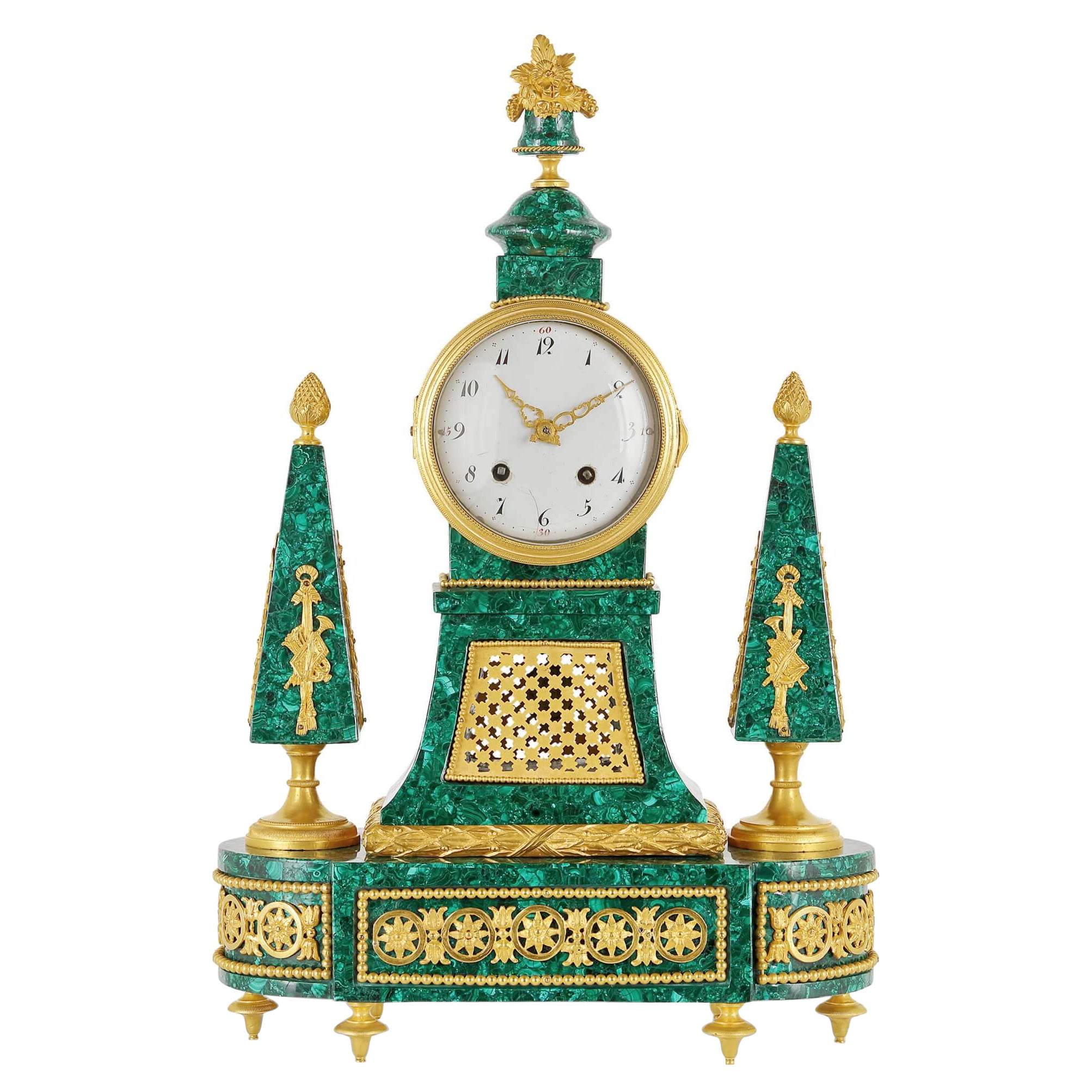 Louis XVI Period Gilt Bronze Mounted Malachite Clock