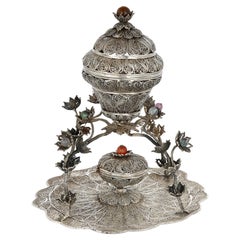 Ottoman Filigreed Silver and Hardstone Sweets Dish