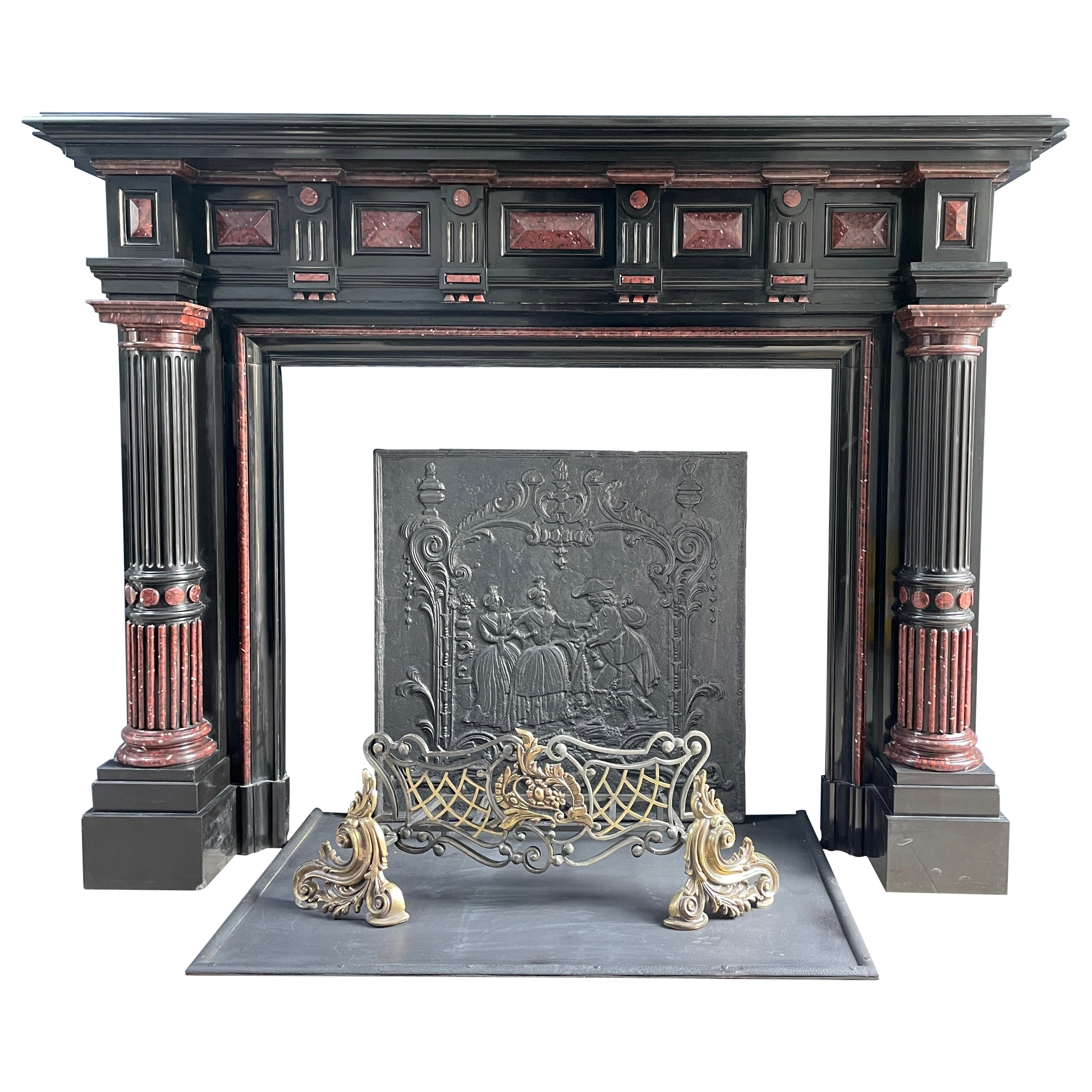 Incredible Detailed Black and Rouge Marble Antique Fireplace Surround For Sale