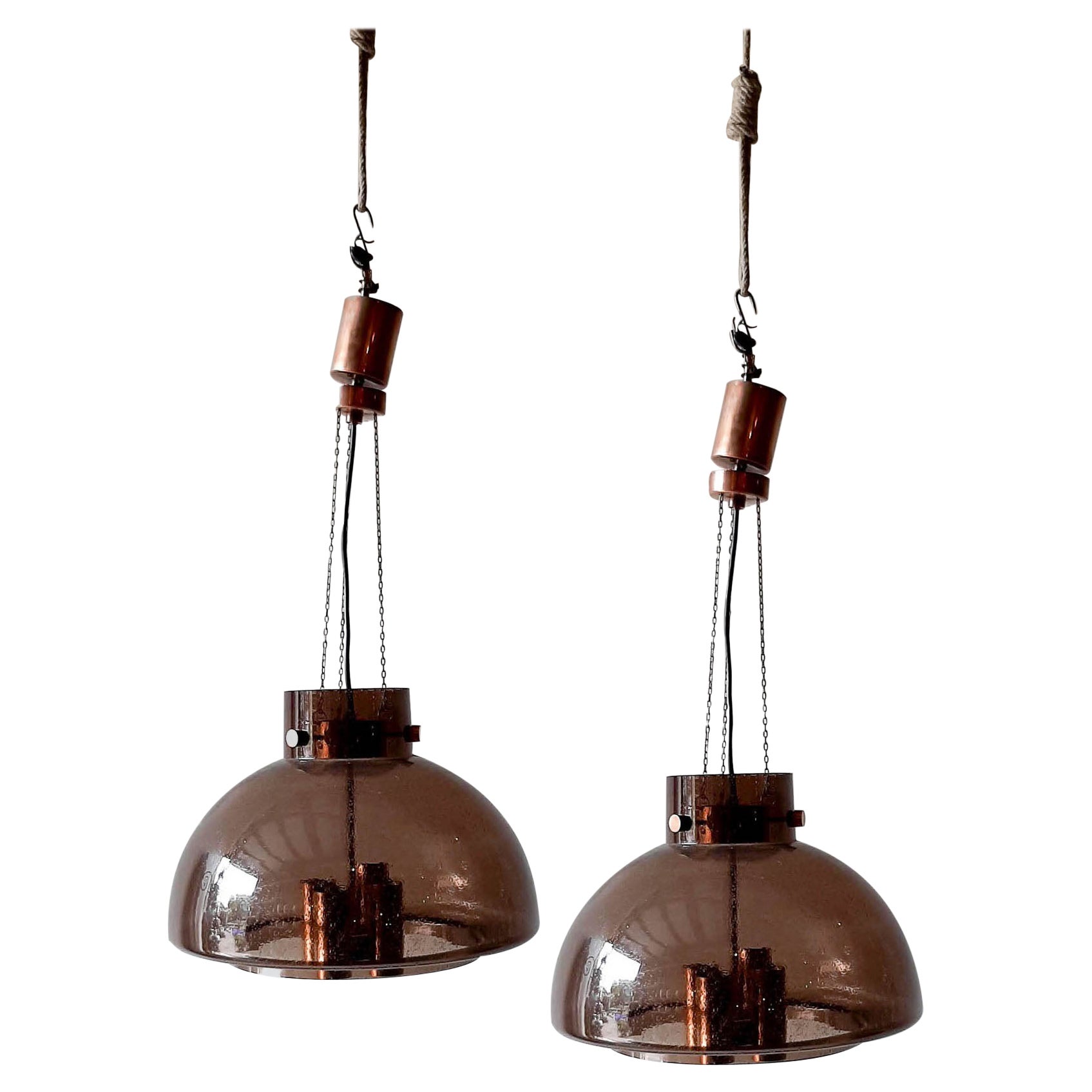 Pair of Vintage Herbert Proft, Limburg Glashütte, Brown Glass Pendant Lights
