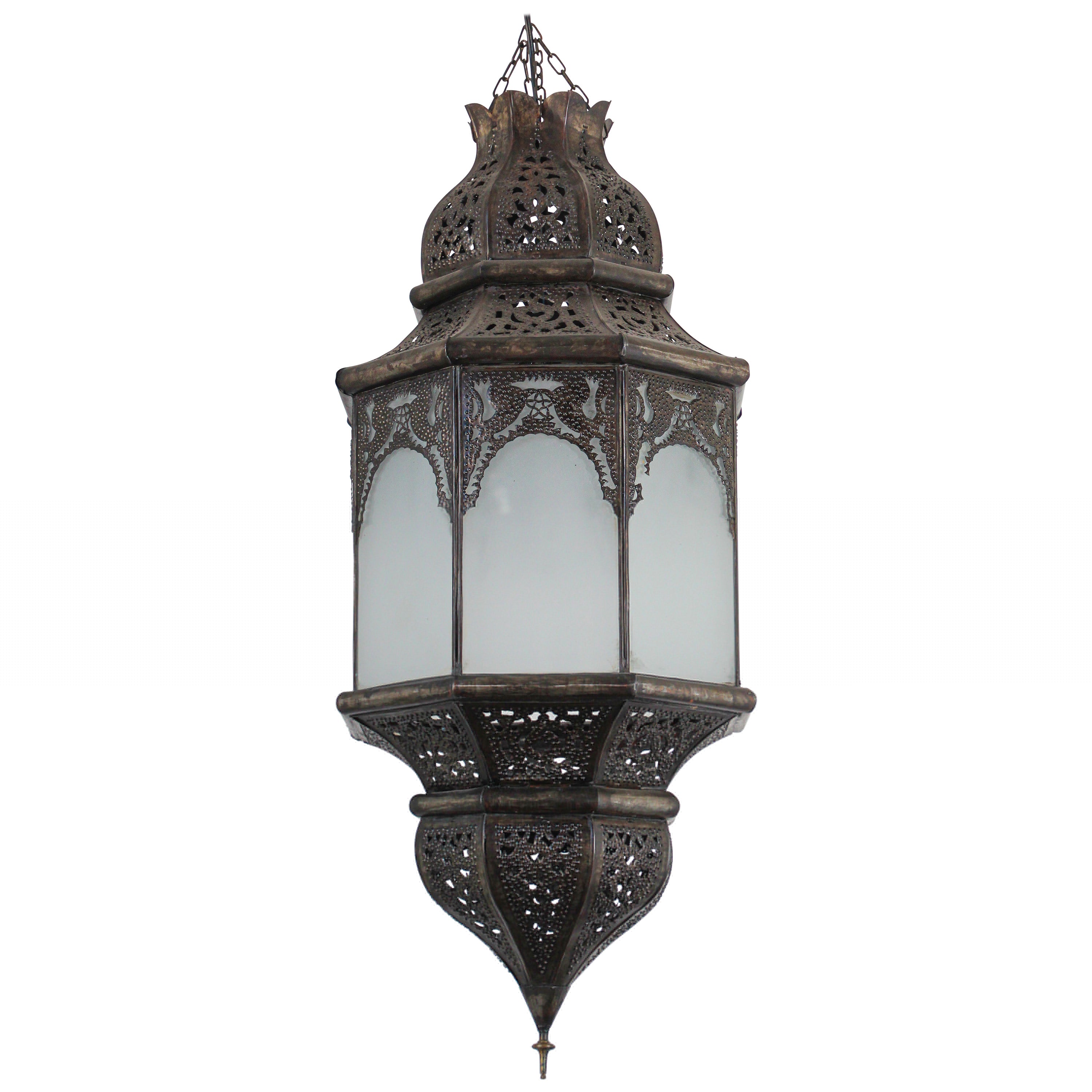 Moroccan Moorish Hanging Metal Lantern with Milky Glass For Sale