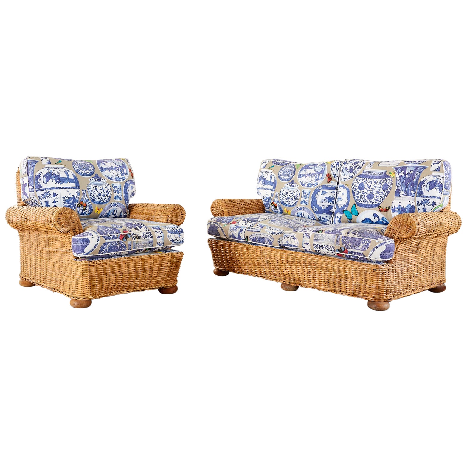 Wicker Rattan Settee and Armchair Chinoiserie Blue and White Upholstery For Sale