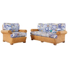 Vintage Wicker Rattan Settee and Armchair Chinoiserie Blue and White Upholstery
