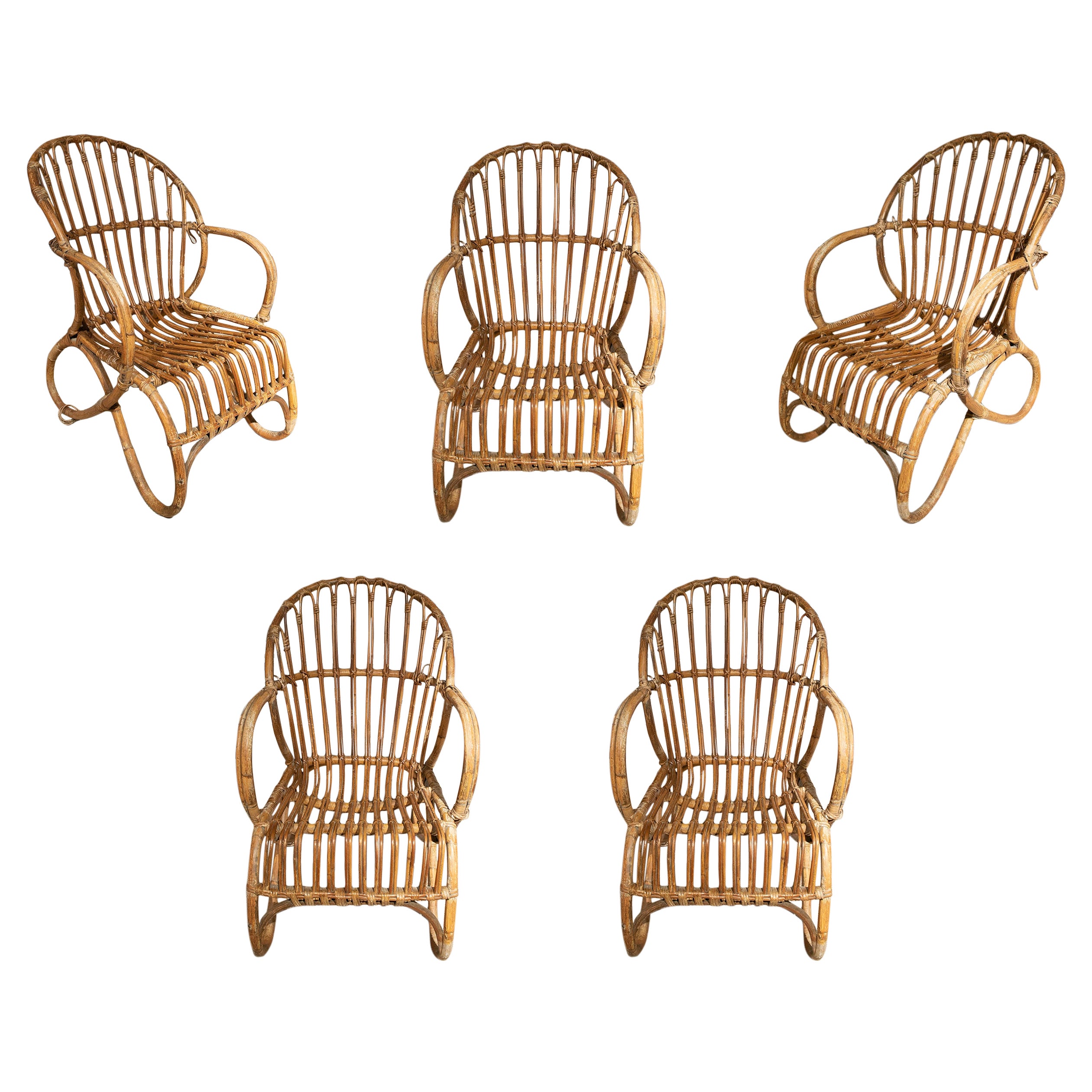 Set of Five 1970s Spanish Woven Wicker & Bamboo Armchairs