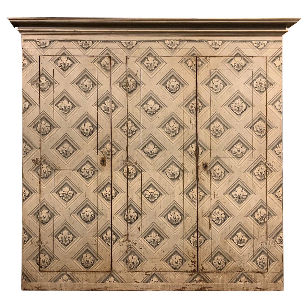 Antique Walnut Wall Cabinet Painted Classic Black and White Motifs, '700 Italy