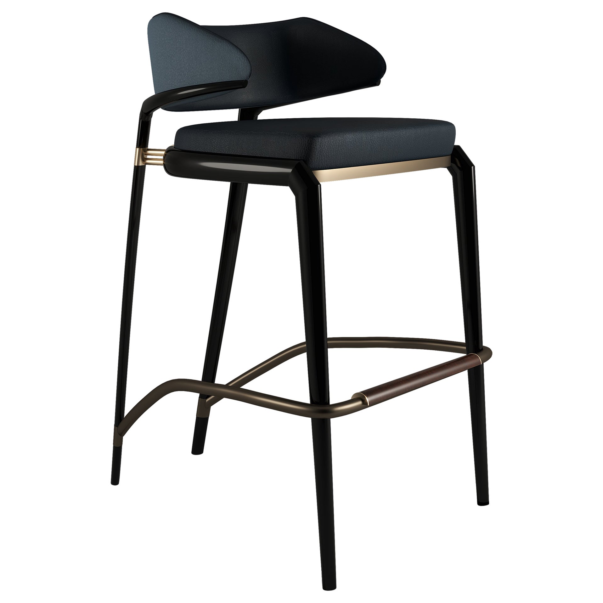 21st Century York Bar Chair Genuine Leather Lacquered Wood