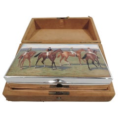 Antique Austrian Silver & Enamel Horse Jockey Box in Original Case