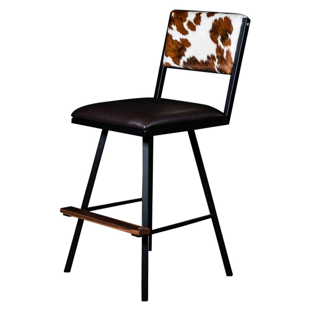 Shaker Swivel Bar Chair, by Ambrozia, Walnut, Steel, B&W Cowhide & Brown leather For Sale