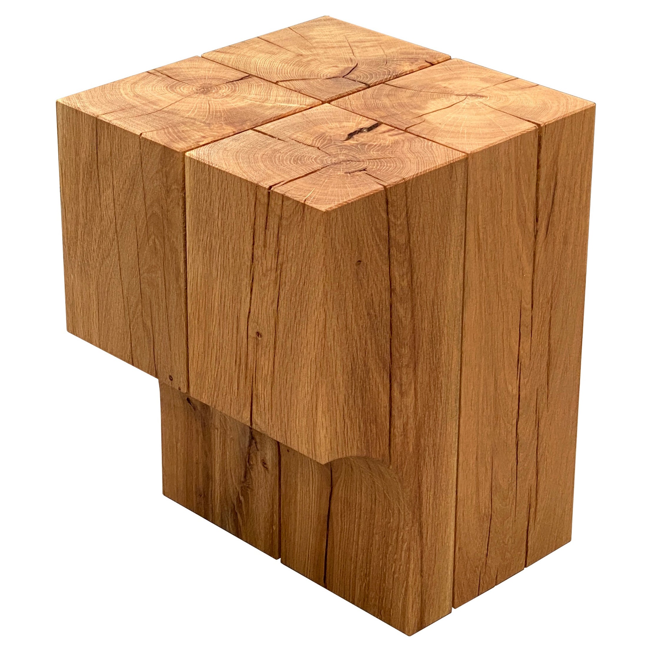 Contemporary arch stool side table, natural oak & brass details, Belgian design