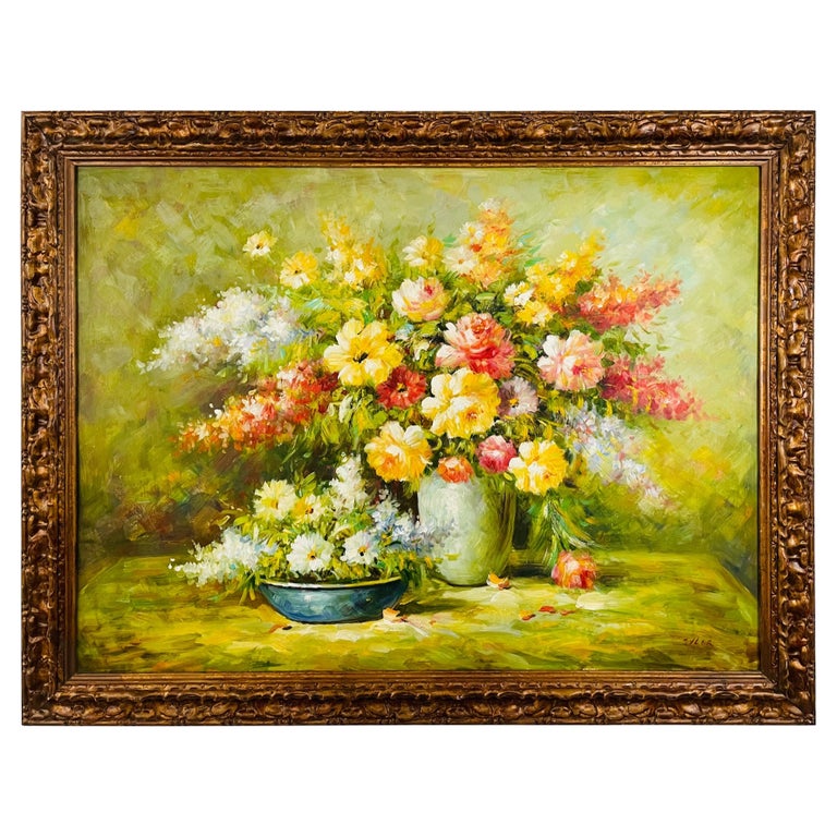 Large Still Life Flowers Oil on Canvas Painting, Signed and Framed For