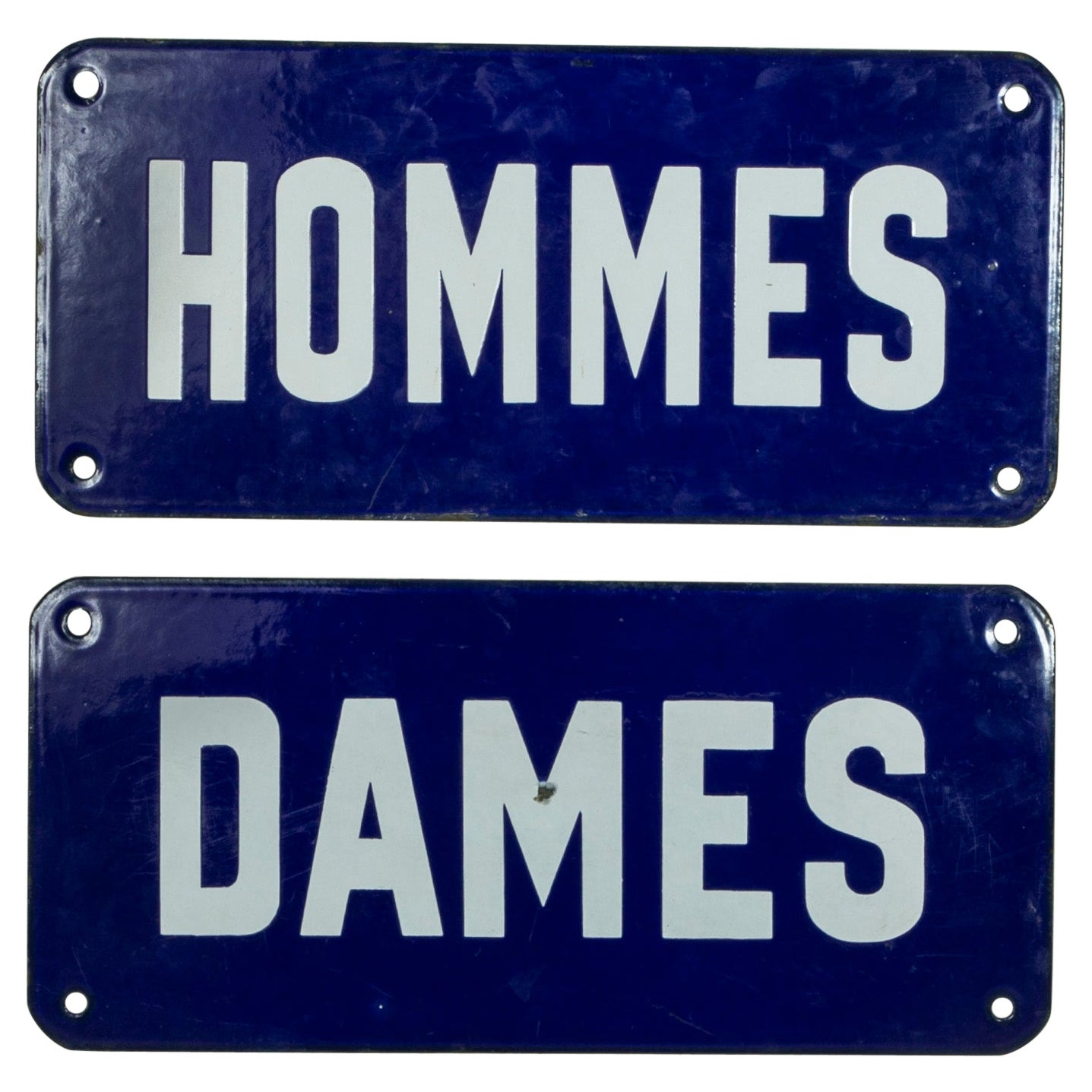 Ein Paar französische emaillierte blau-weiße Hommes- und Dames-Schilden aus der Mitte des 20. Jahrhunderts