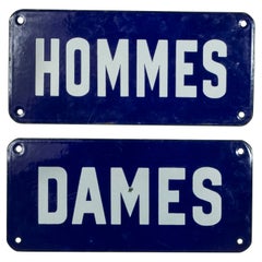 Retro Pair of Mid-20th Century French Enameled Blue and White Hommes and Dames Signs