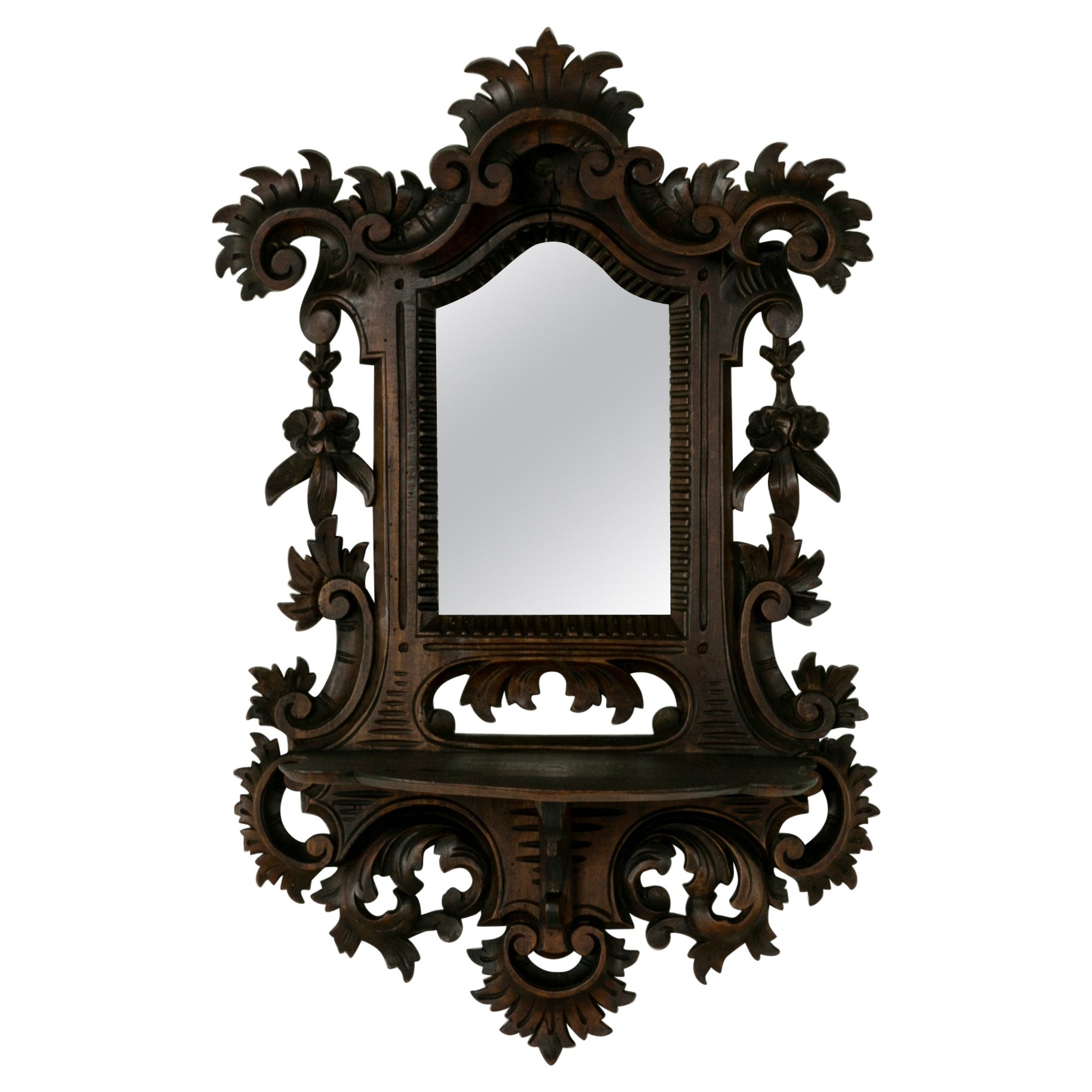 Late 19th Century French Black Forest Hand Carved Walnut Wall Mirror with Shelf