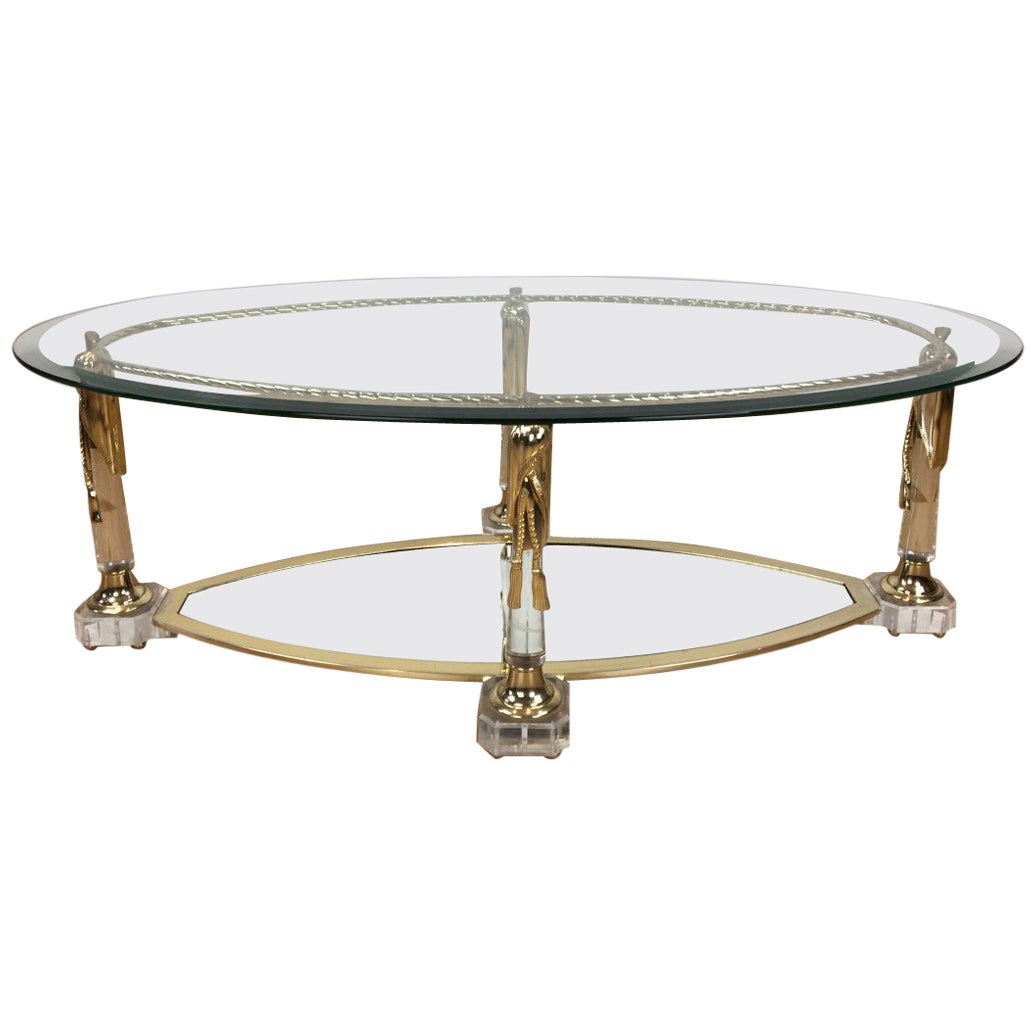 Lucite Coffee Table with Gilt Tassels and Rope, Mirror Glass and Beveled Glass