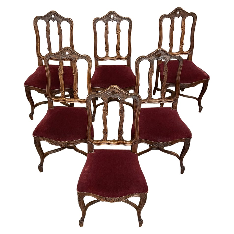 Set of 6 Antique French Louis XV Dining Chairs with Mohair