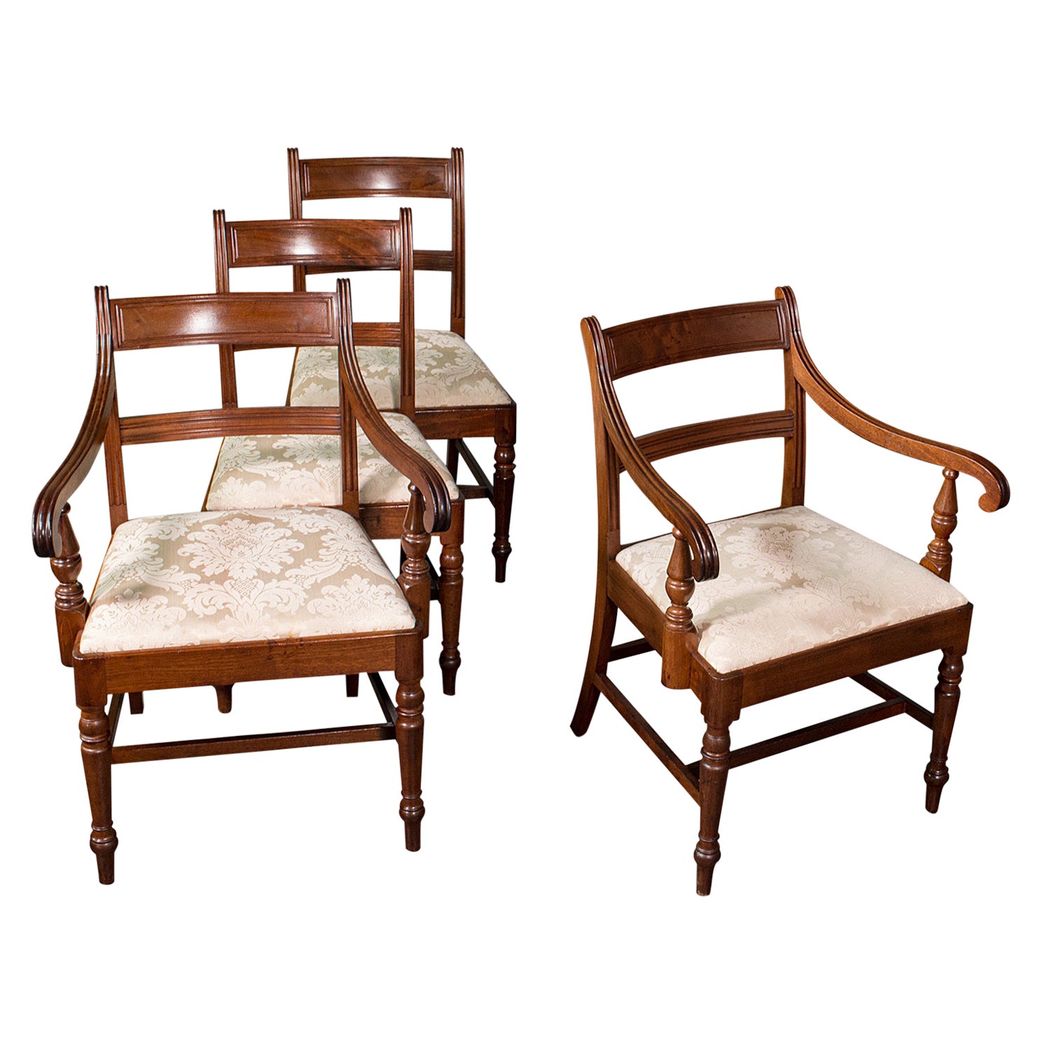 Set of 4, Antique Dining Chairs, English, Mahogany, Pair of Carvers, Regency