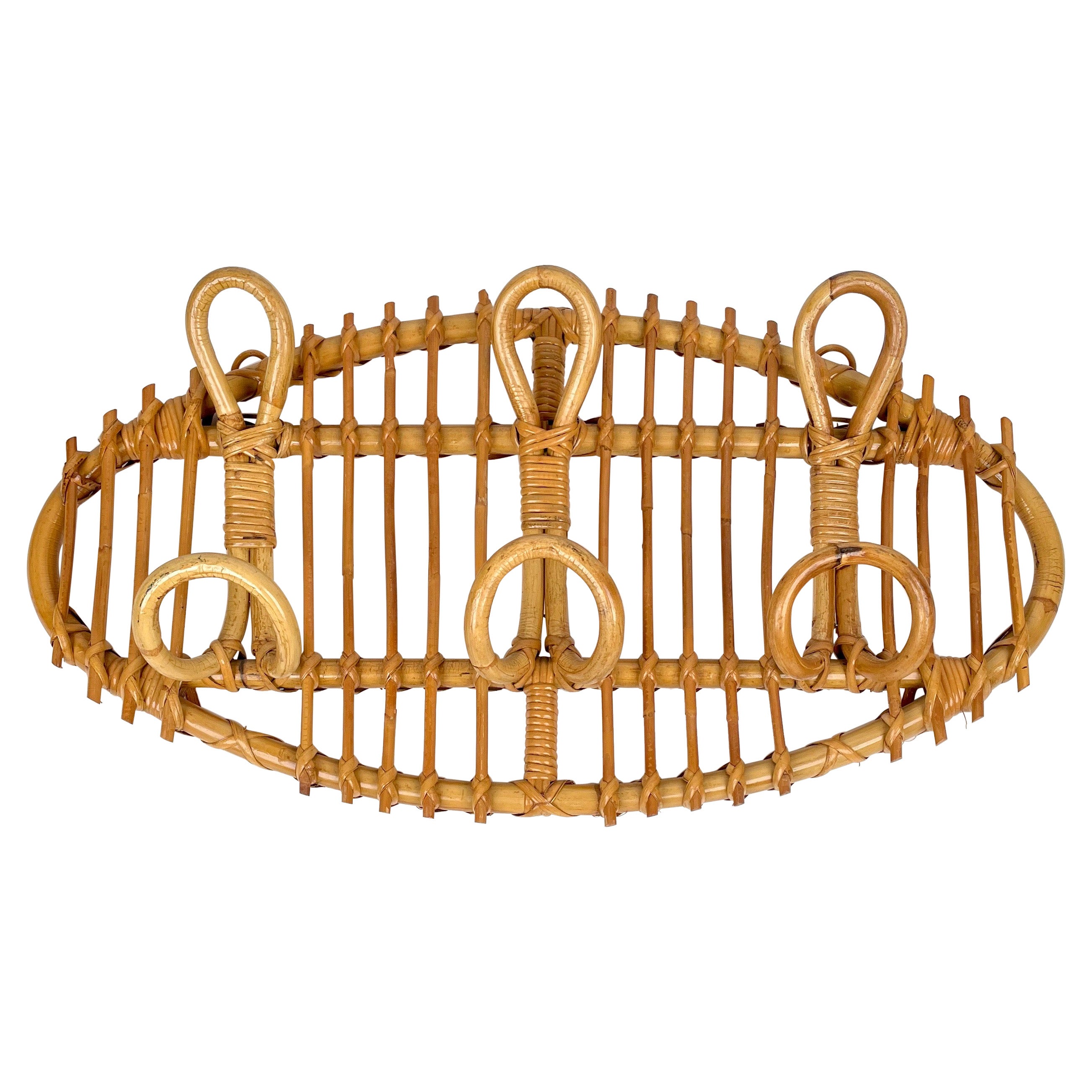 Oval Vintage Rattan & Bamboo Coat Rack Stand, Italy, 1960s For Sale