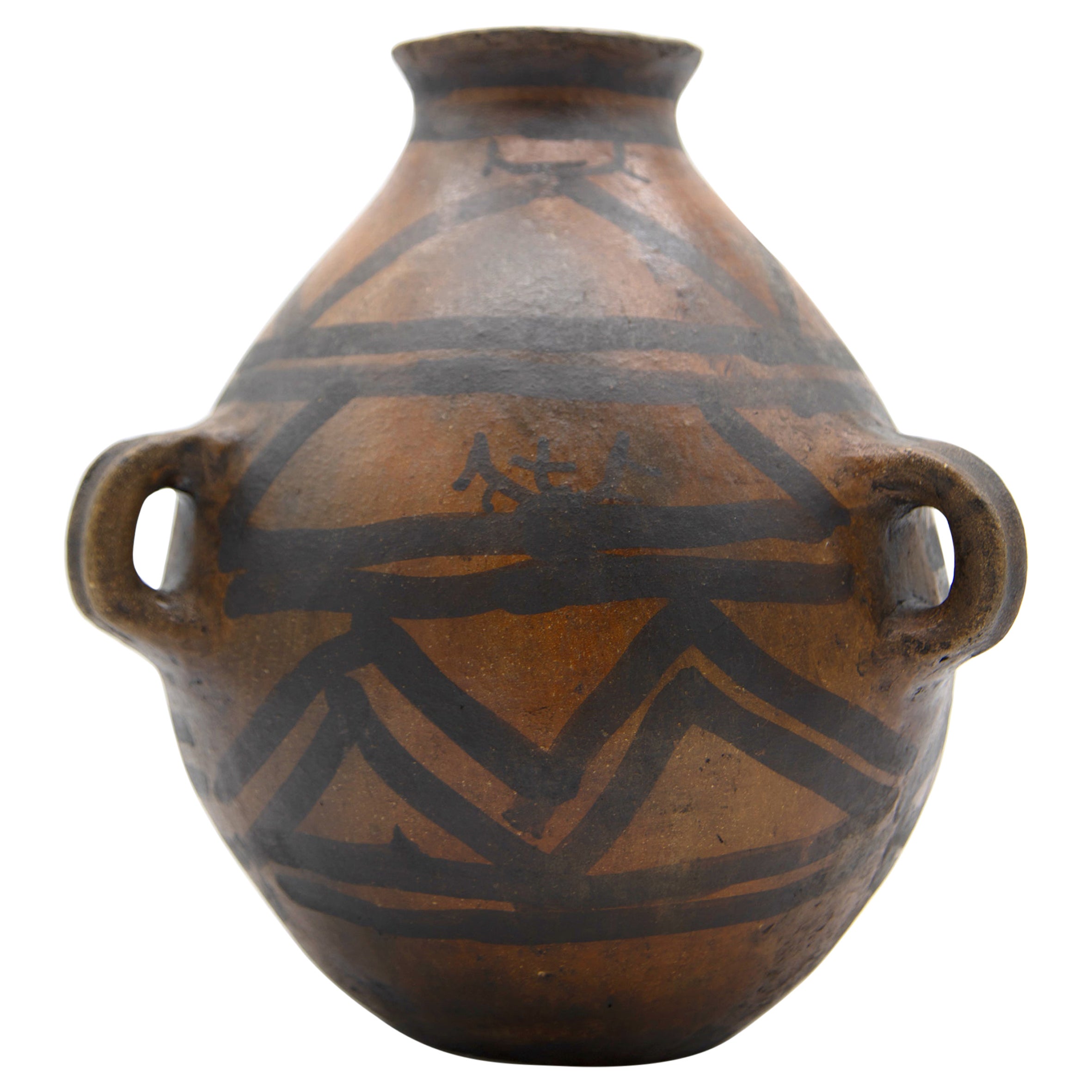 Mayan Pre-Columbian Style Large Dark Pot with Geometric Drawings