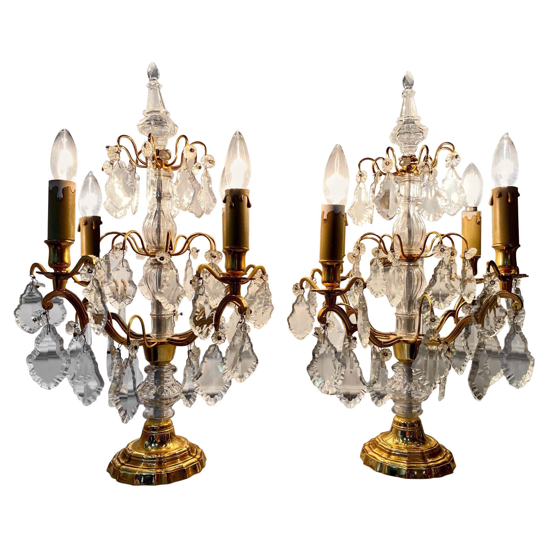 French Pair of Louis XV Style Bronze Girandoles Crystal Candelabras