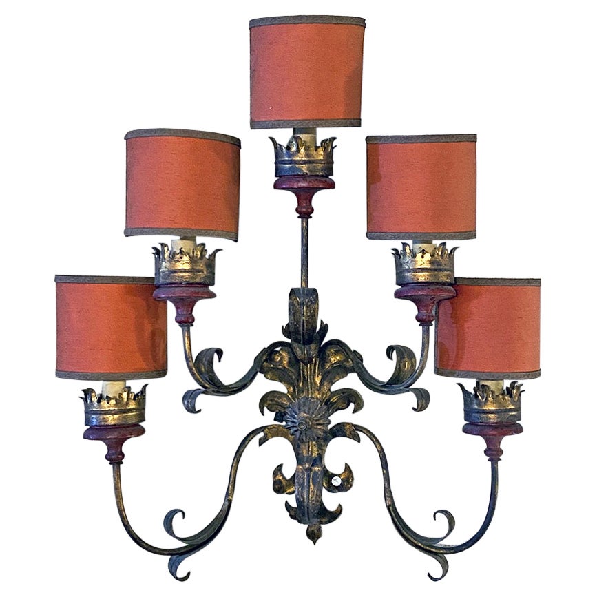 Italian Baroque Style Wall Lamp with Five Arms, Original Red Lampshades, 1950s For Sale