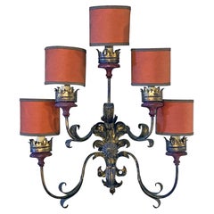 Italian Baroque Style Wall Lamp with Five Arms, Original Red Lampshades, 1950s