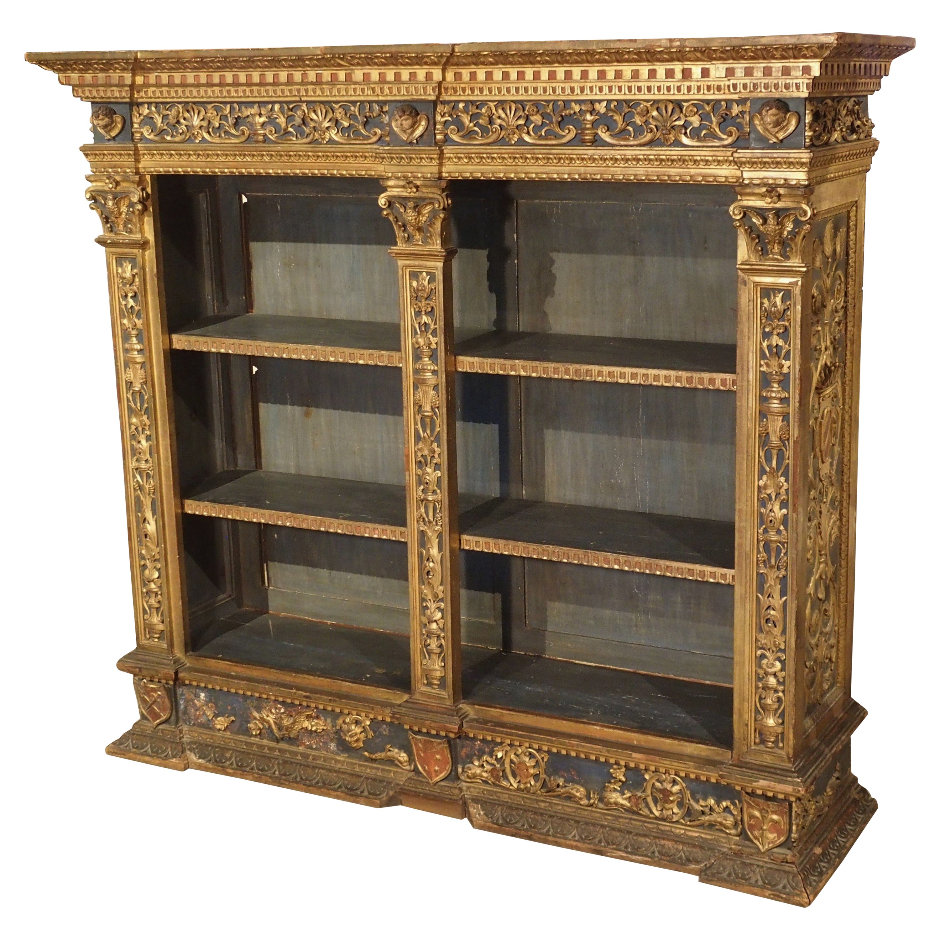 Antique Polychrome and Giltwood Florentine Low Bookcase, 19th Century