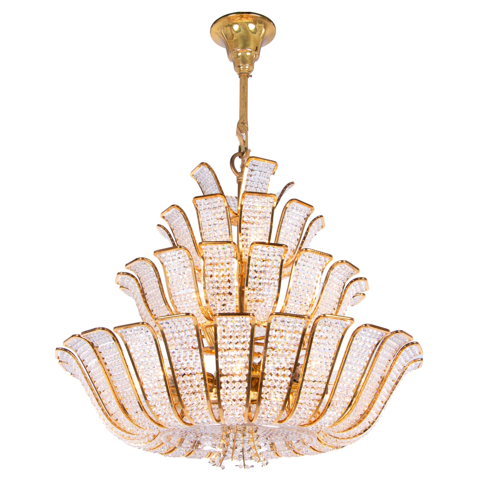 1960 Germany Palwa Hollywood Regency Crystal & Gilt Brass Chandelier  For Sale
