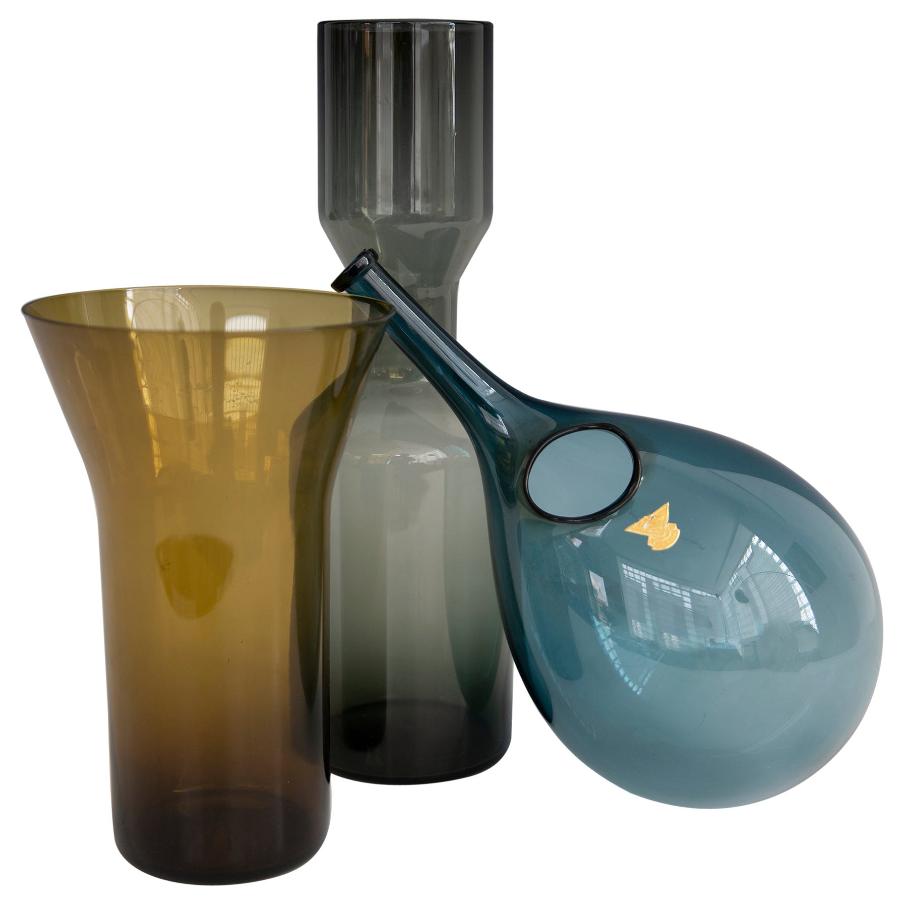 Three Piece Blue Amber and Smoke Scandinavian Glass Collection