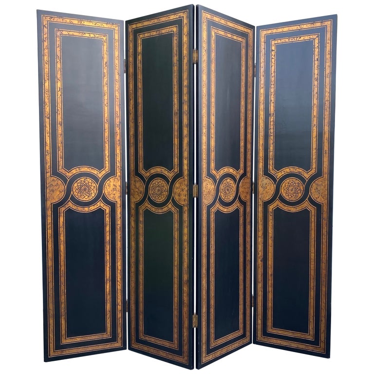 Hollywood Regency Maitland Smith Style Black and Gold Floor Screen Room Divider at 1stDibs
