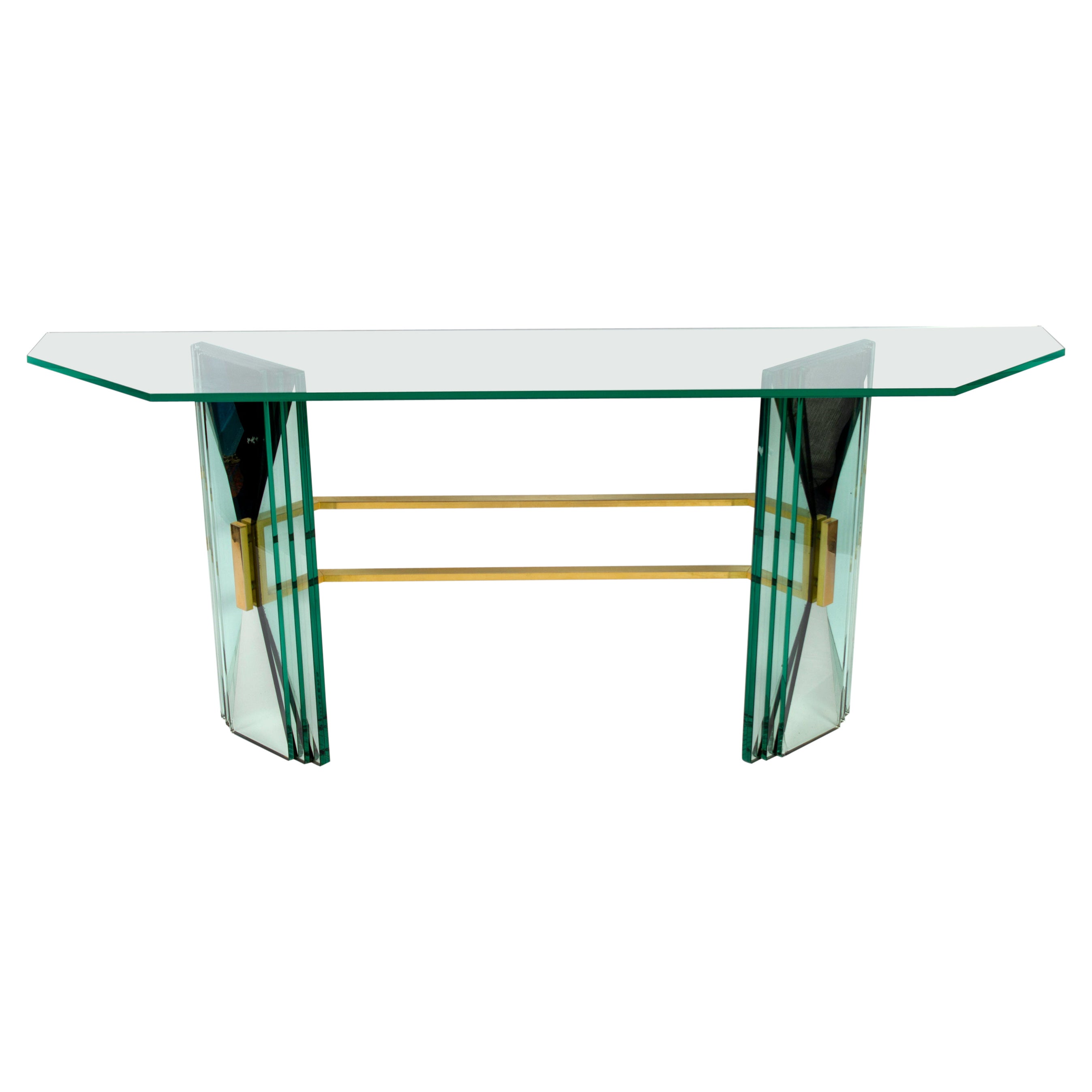 Elegant Mid-Century Console Table with Brass Support Attr. to Fontana Arte For Sale