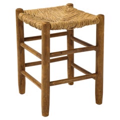 Perriand Style Period Rush Seat Stool with Wooden Support, France, c. 1950