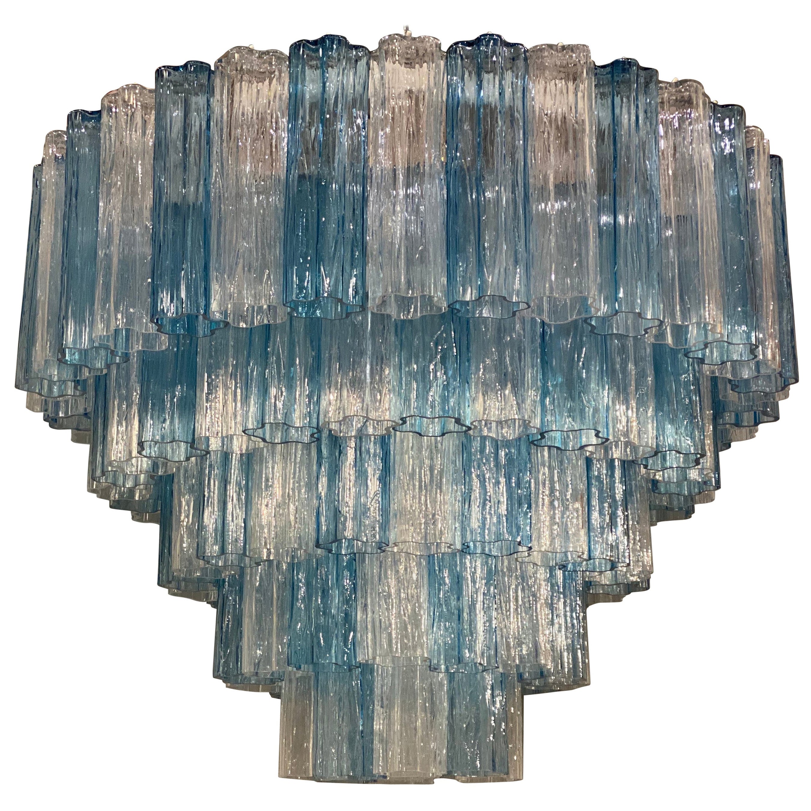 Large Italian Murano Glass Blue and Ice Color Tronchi Chandelier
