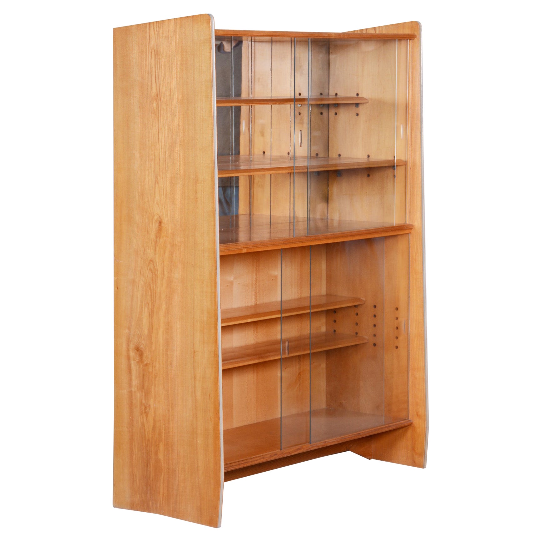 Unique Czech Ash Mid-Century Bookcase, 1950s, Well Preserved Condition For Sale