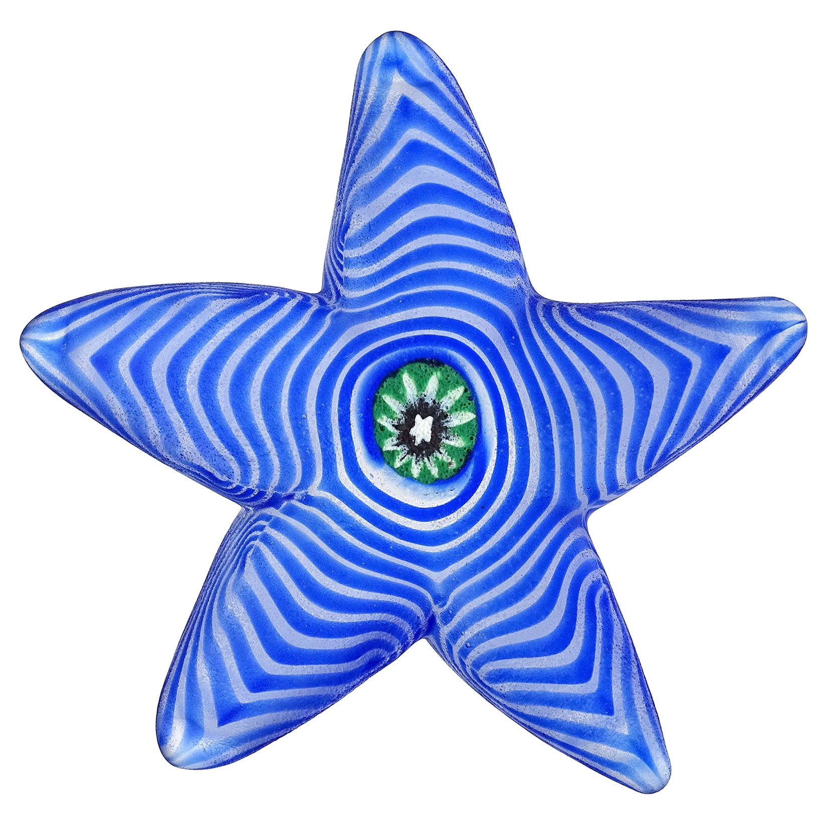 Cenedese Murano Blue Swirl Flower Murrine Italian Art Glass Starfish Paperweight