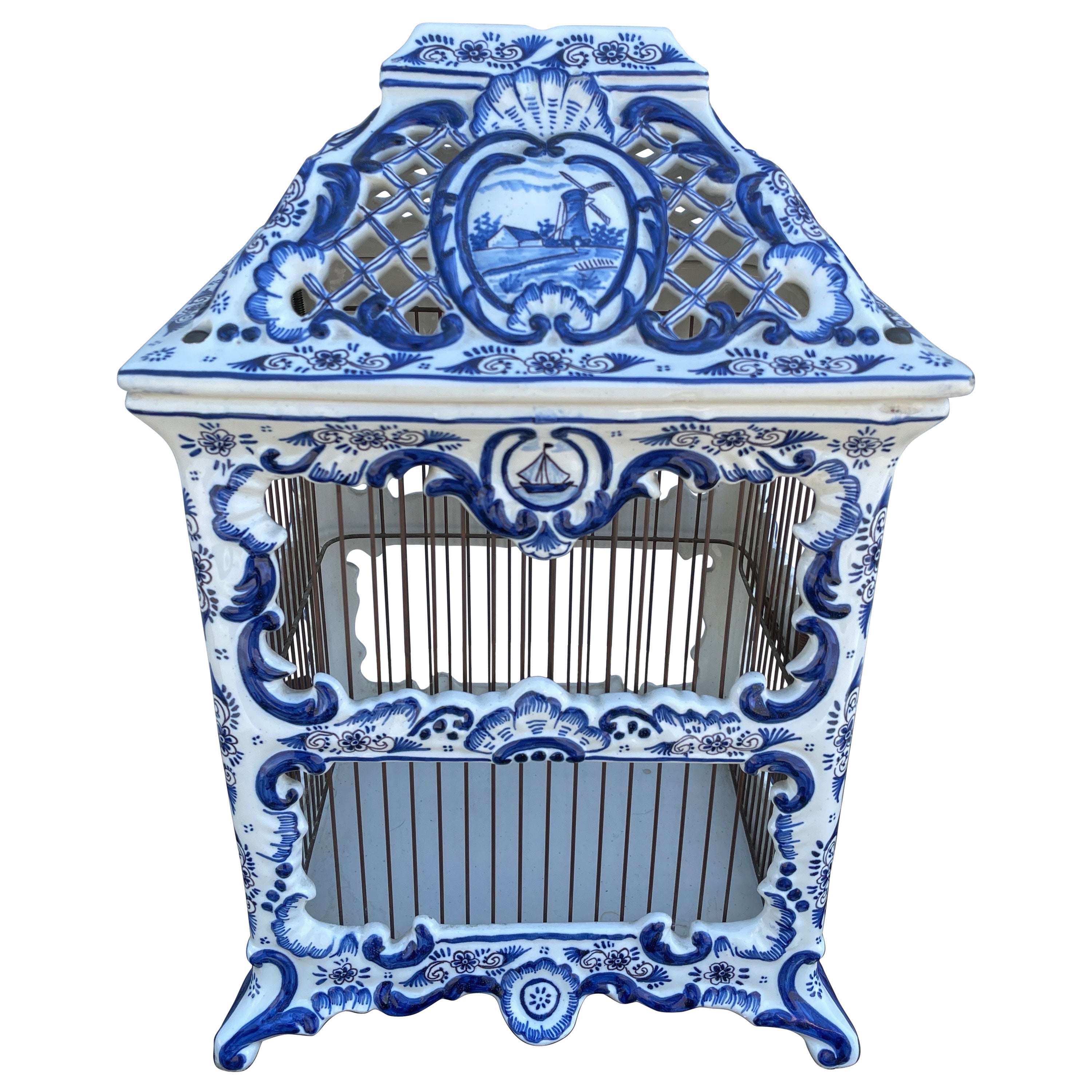 Vintage French Blue & White Porcelain Birdcage