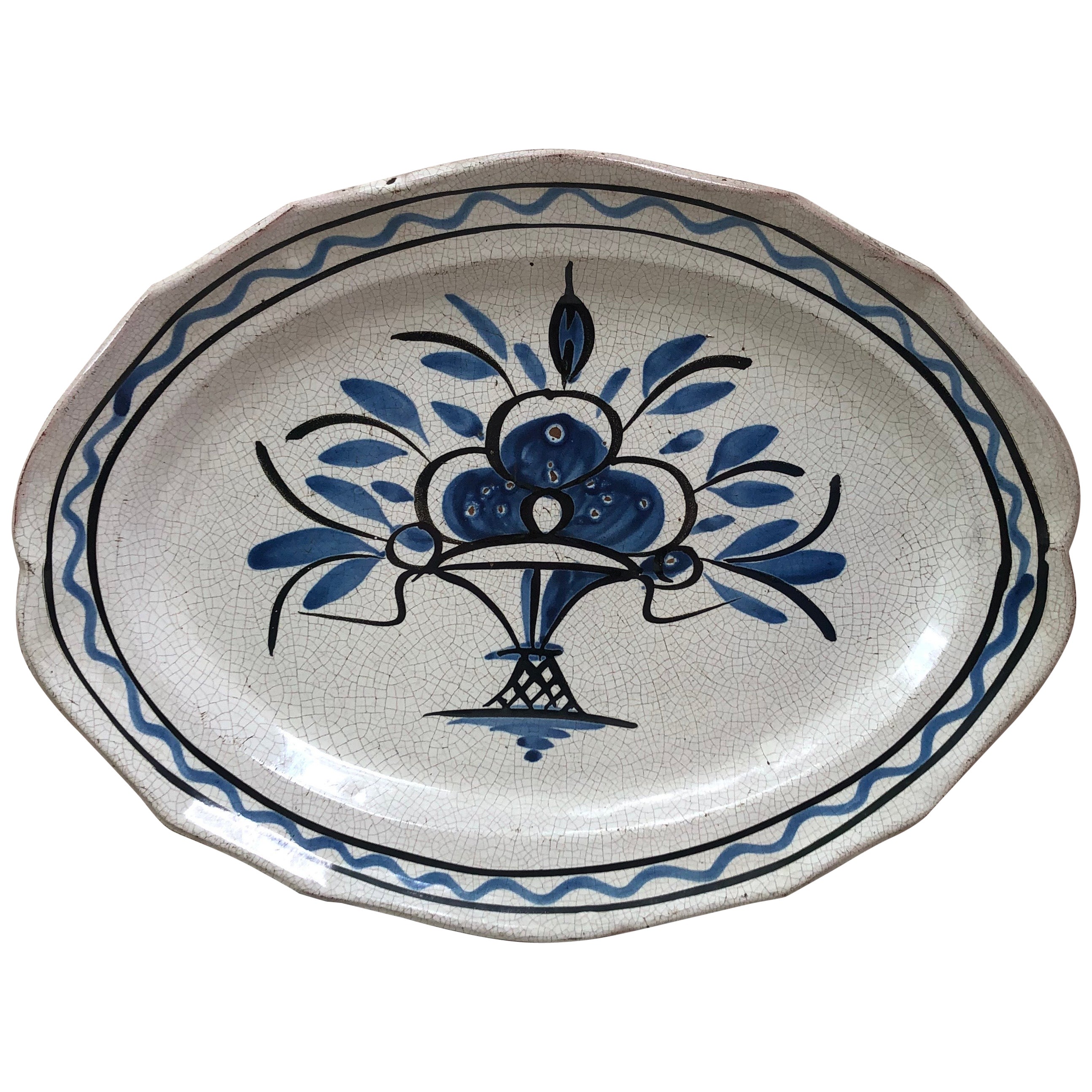 19th Century French Faience Oval Blue & White Platter Forges Les Eaux