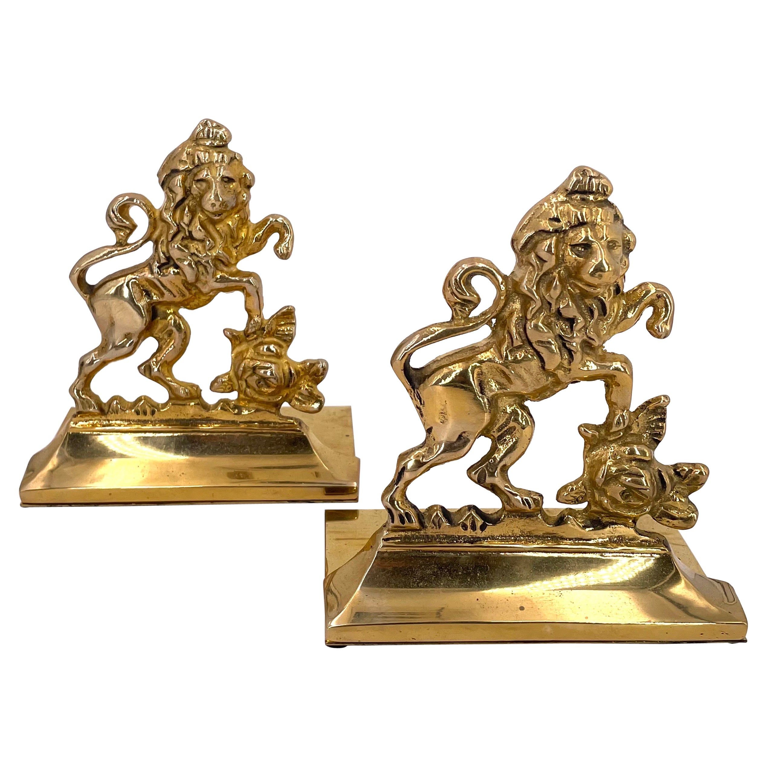 Pair of Solid Brass English Rampant Lion Bookends