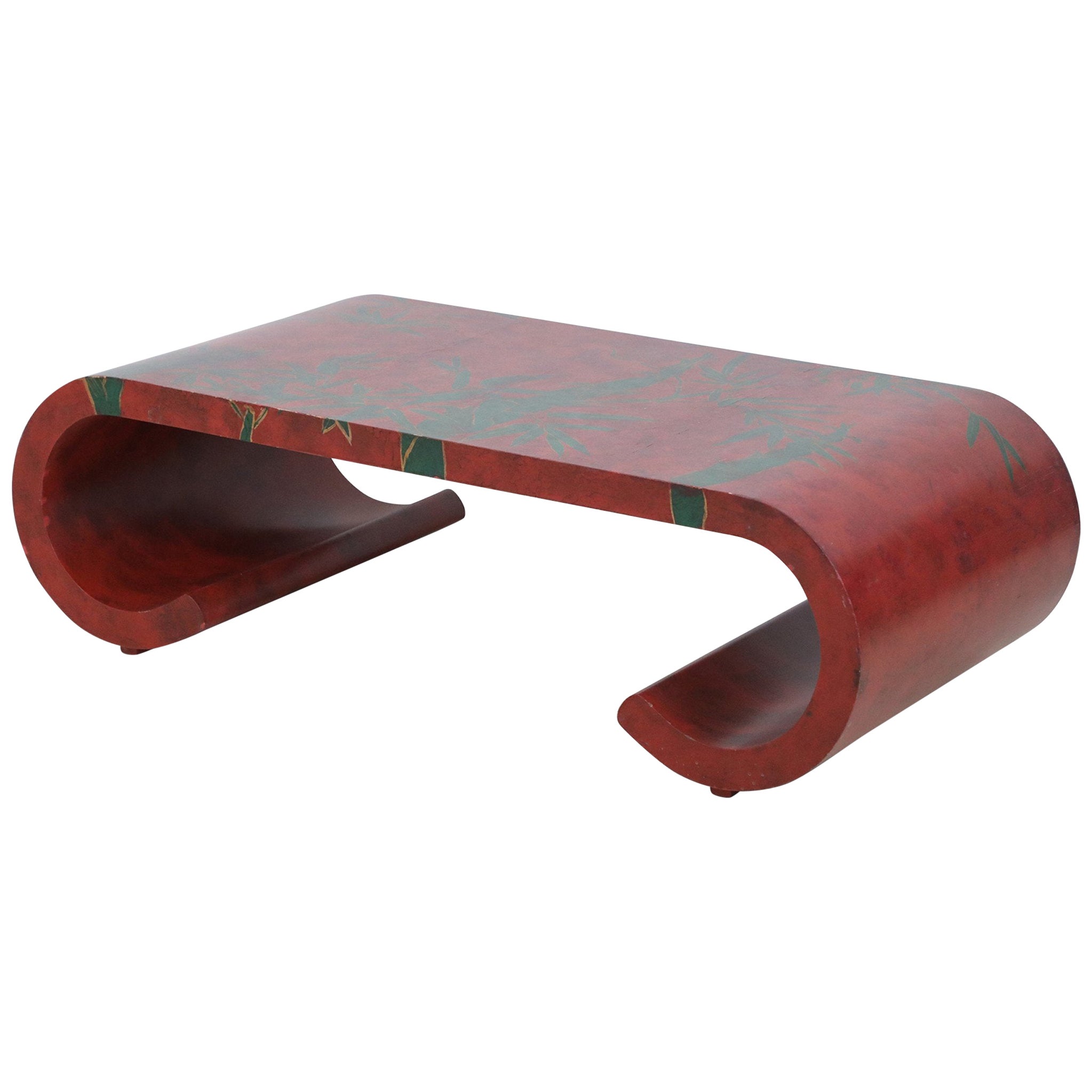 Chinese Red and Green Bamboo Motif Scroll Cocktail / Coffee Table For Sale