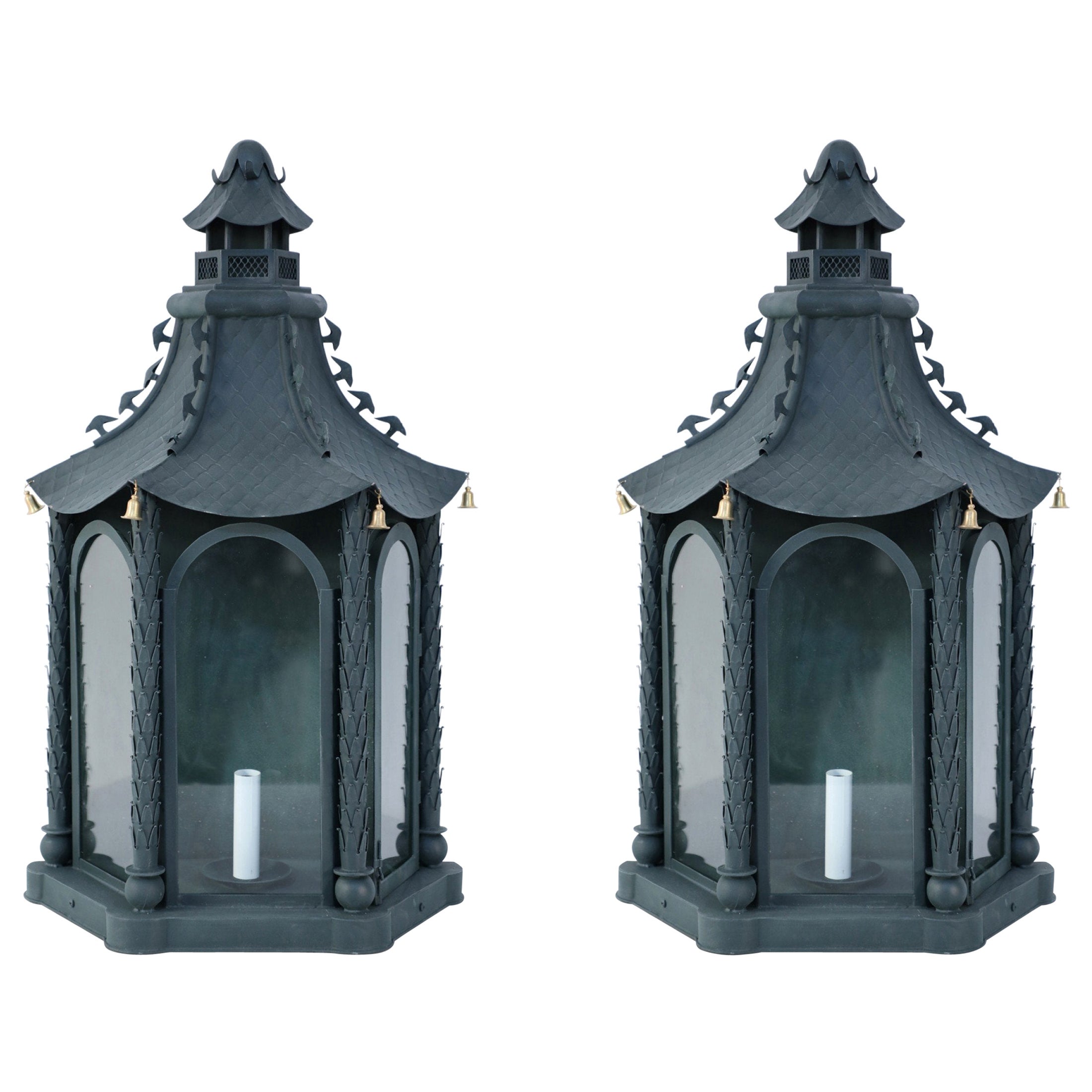 Pair of Vintage Chinese Metal and Glass Bell-Adorned Pagoda Shaped Wall Sconces For Sale