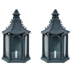 Pair of Vintage Chinese Metal and Glass Bell-Adorned Pagoda Shaped Wall Sconces