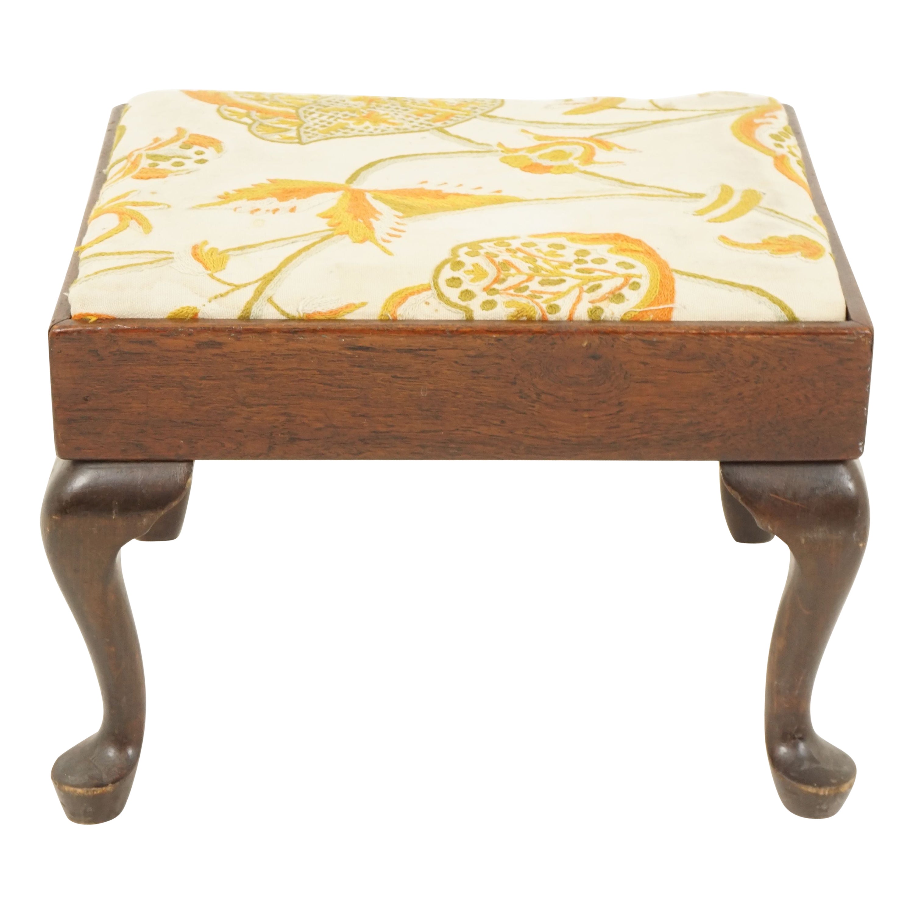 Vintage Walnut Queen Anne Style Upholstered Stool, Scotland 1920, B2713