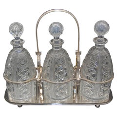 English 19th Century Cut Glass and Silver Plate Three Decanter Tantalus