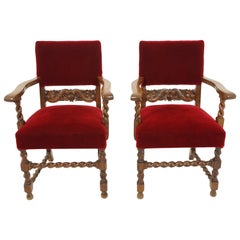 Pair of Antique Upholstered Barley Twist Oak Arm Chairs, Scotland 1910, B2714