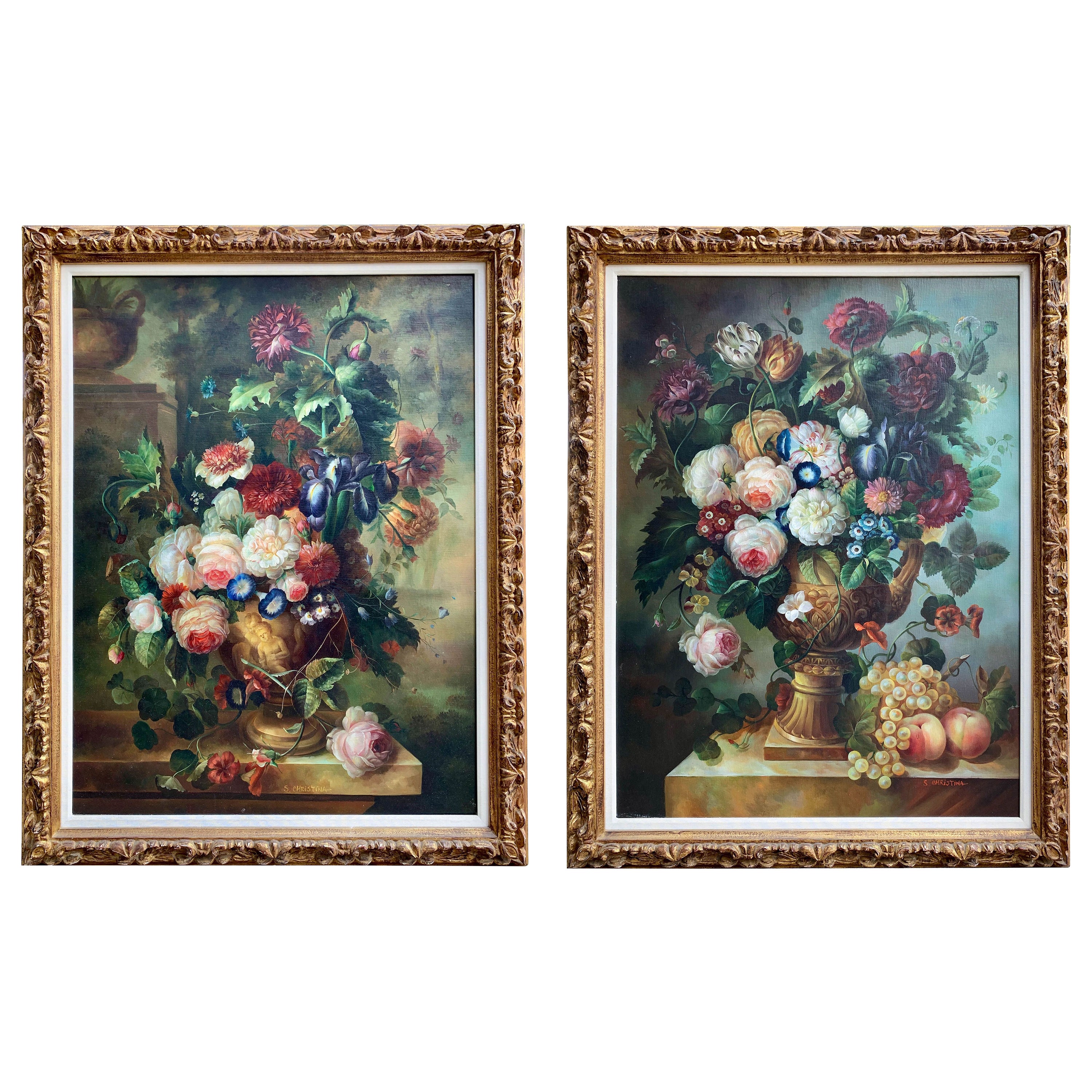 Pair of Large Still Life Oil Paintings of Flowers in Urns